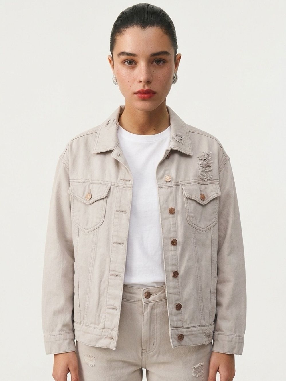 REFUGE | Tan Distressed Button Front Denim Jacket Women’s Size XS Oversized Fit